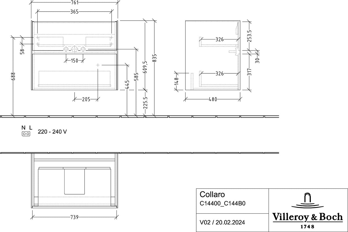 Villeroy & Boch Waschtischunterschrank Collaro C144 B0 761 mm Glossy White mit LED-Beleuchtung