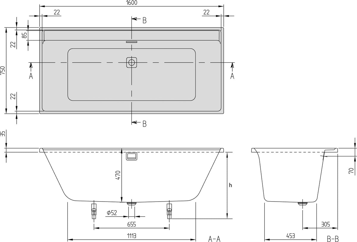 Villeroy & Boch Collaro Badewanne 1600x750mm Rechteck Weiß Alpin