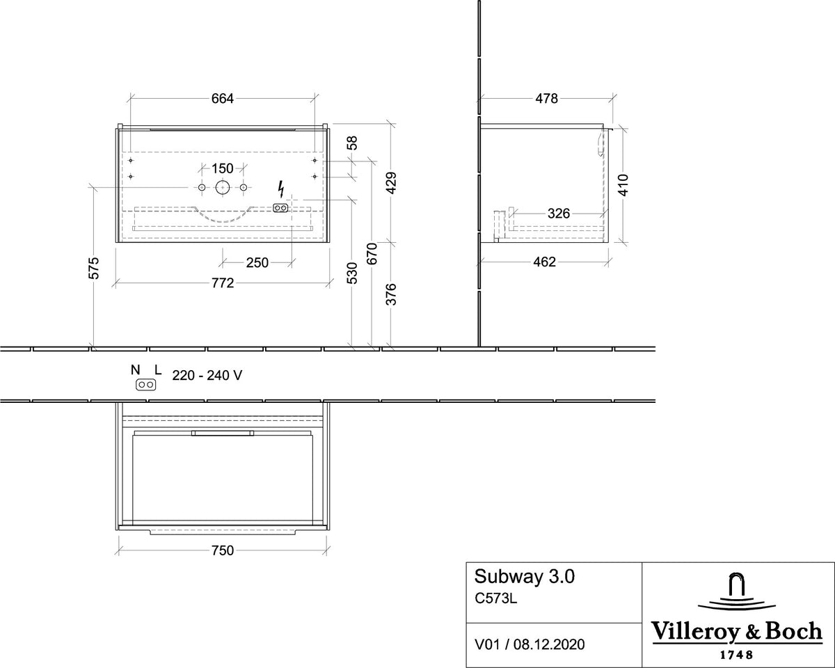Villeroy & Boch Waschtischunterschrank Subway 3.0 C 573L0 Brilliant White mit Beleuchtung