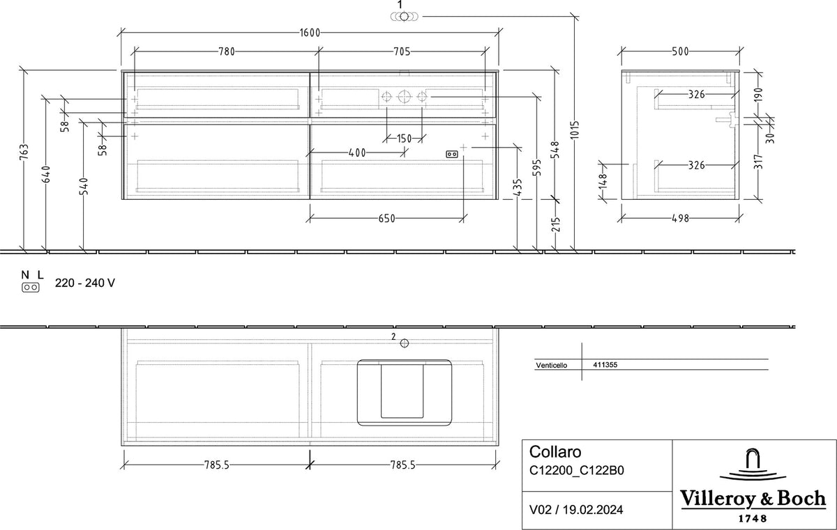 Villeroy & Boch Waschtischunterschrank Collaro C122 B0 1600 mm Kansas Oak mit Beleuchtung und 4 Auszügen