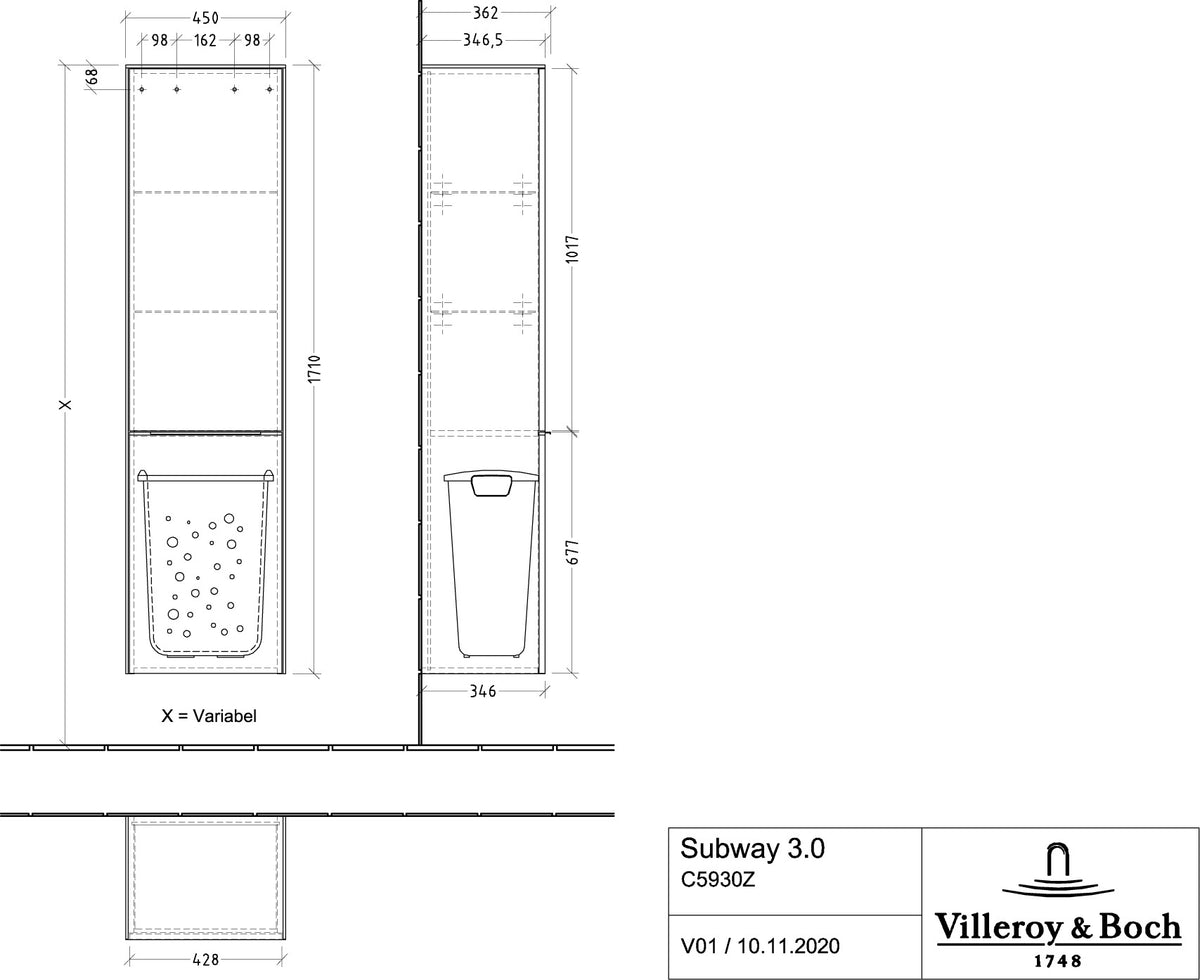 Villeroy & Boch Hochschrank Subway 3.0 C59300 Brilliant White – 450 mm, SoftClosing, Wäschekorb