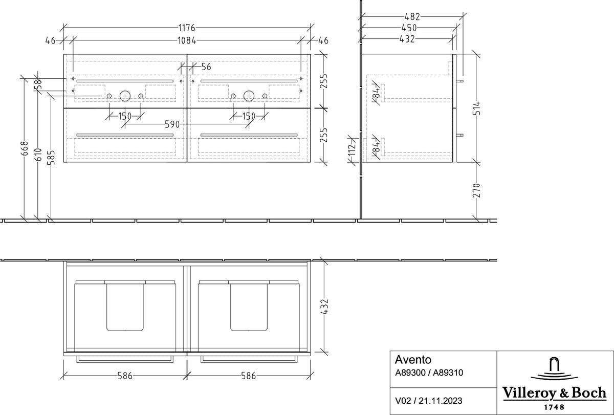 Villeroy & Boch Waschtischunterschrank Avento A8931 1180 mm Kansas Oak mit 4 Auszügen