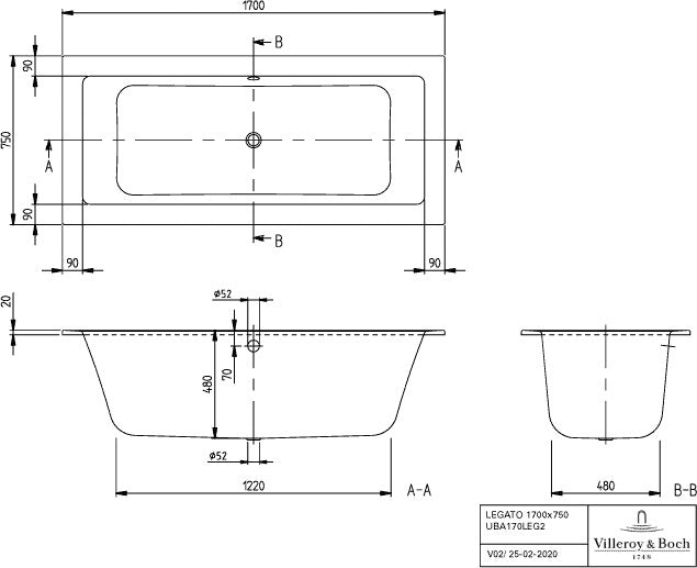Villeroy & Boch Badewanne Legato 1700x750mm mit Airpool Entry Whirlpoolsystem in Stone White
