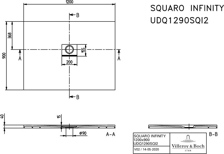 Villeroy & Boch Duschwanne SQUARO INFINITY Rechteck 1200x800x40 mm crème aus Quaryl mit Antirutsch-Klasse C