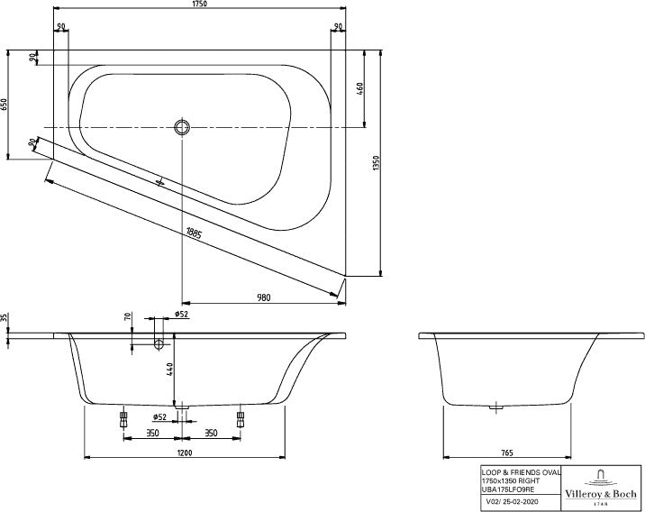Villeroy & Boch Whirlpoolsystem LOOP & FRIENDS Combi Entry mit Multiplex Trio – weiße Badewanne 1750 mm