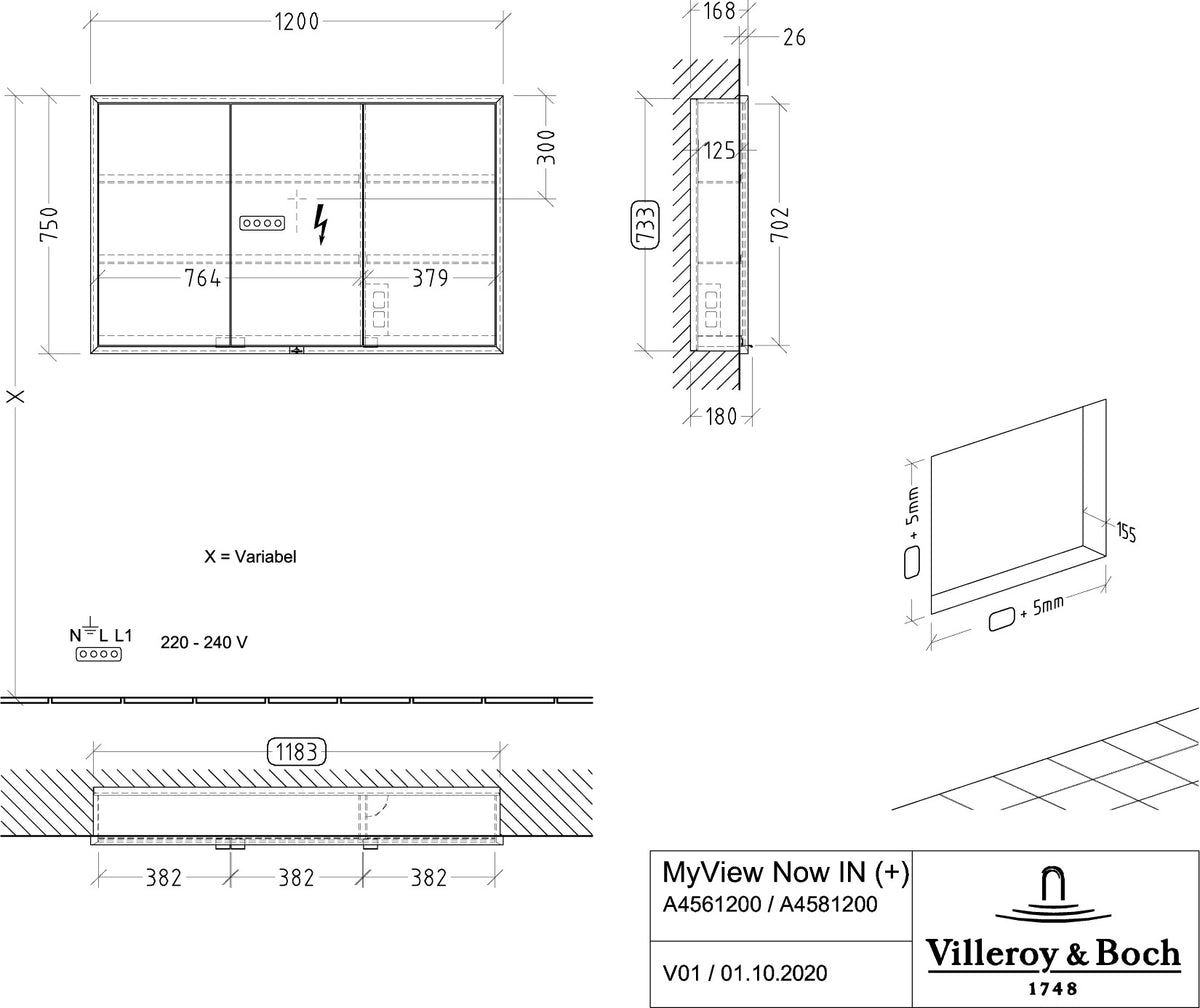 Villeroy & Boch Einbau-Spiegelschrank My View Now 1600 mm, 3 Türen, LED, Smart Home