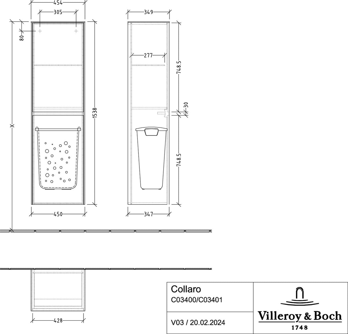 Villeroy & Boch Hochschrank Collaro C03400 – Glossy White, 454 mm, mit SoftClosing