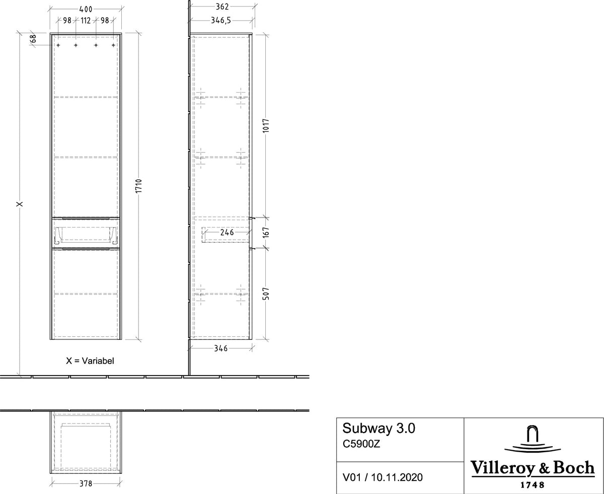 Villeroy & Boch Hochschrank Subway 3.0 C59000 Brilliant White – 400 mm, mit Soft-Close