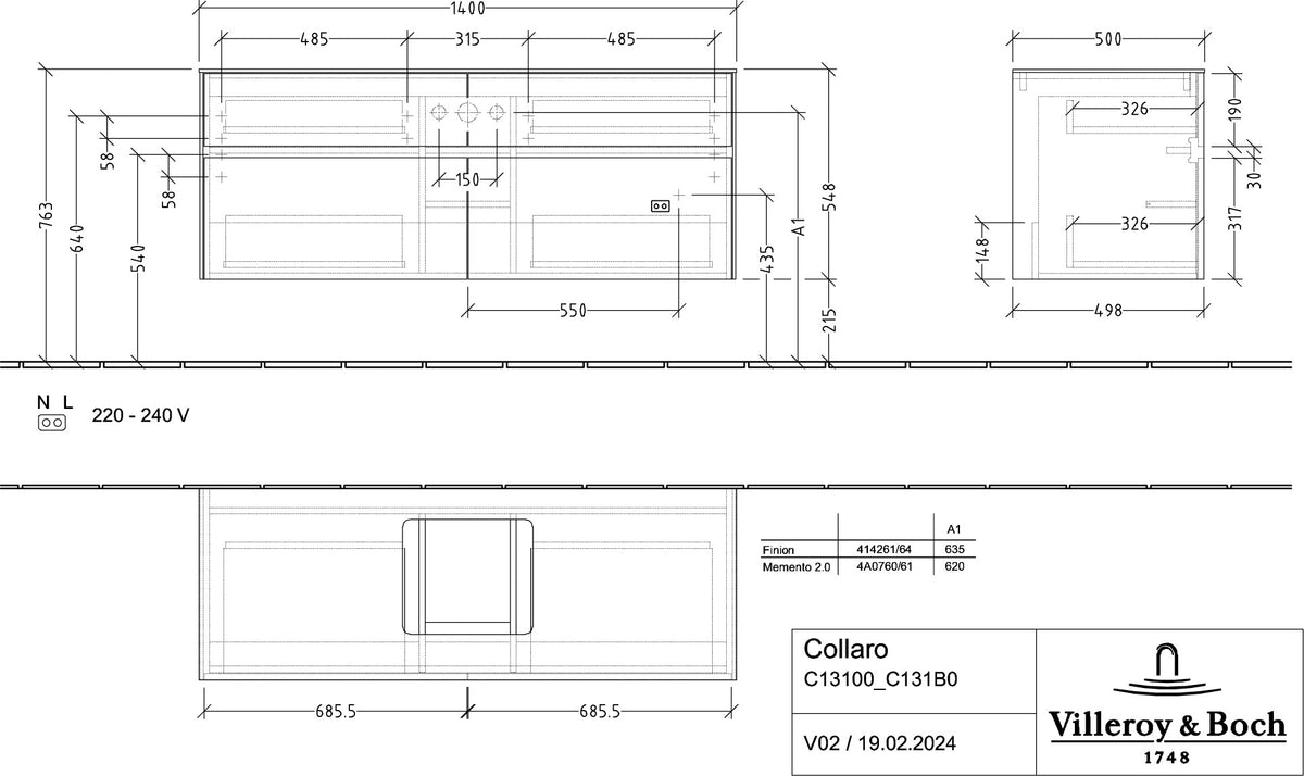 Villeroy & Boch Waschtischunterschrank Collaro C131 B0 1400 mm White Oak mit Beleuchtung und SoftClosing