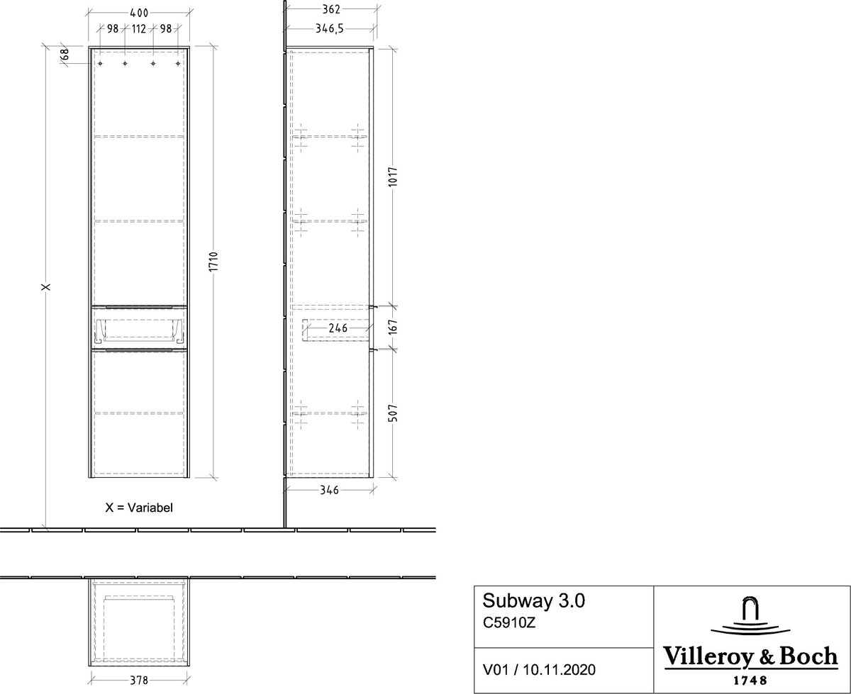 Villeroy & Boch Hochschrank Subway 3.0 C59100 – Brilliant White, 400 mm, mit SoftClose
