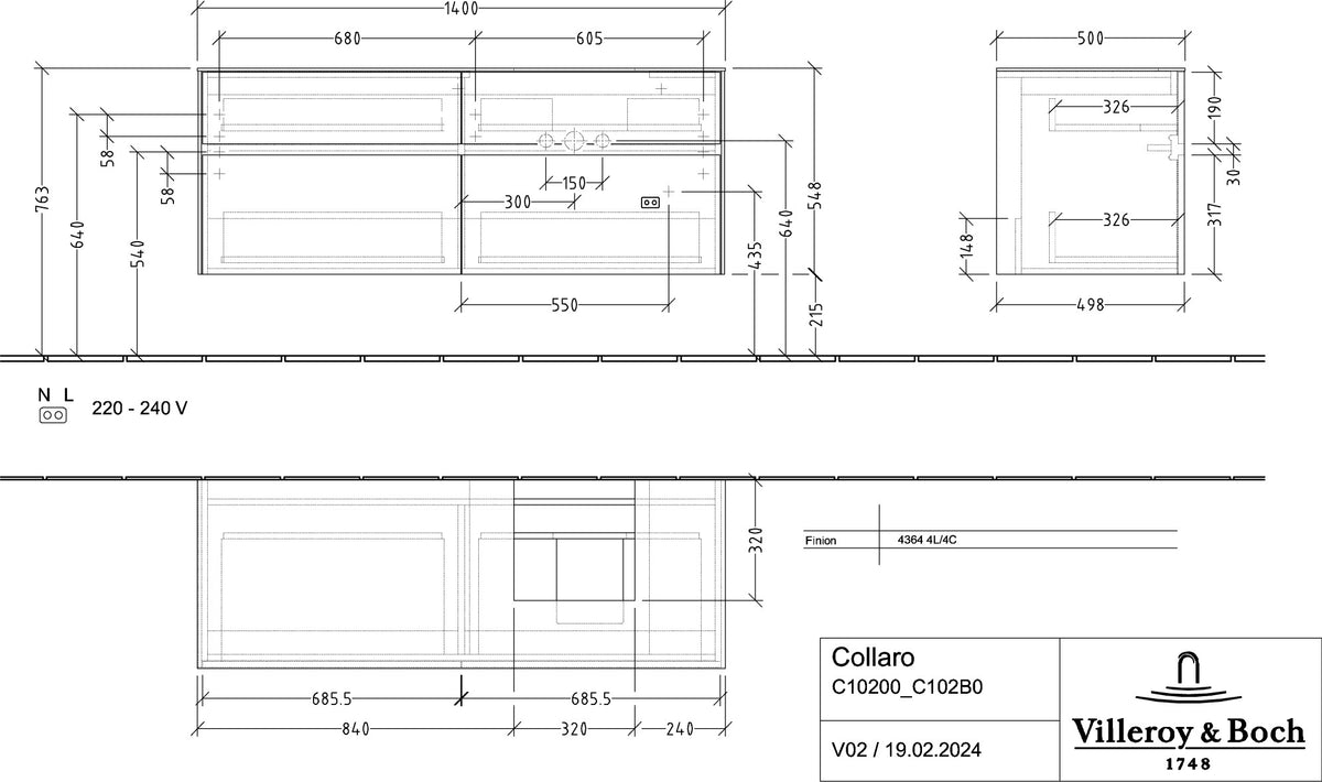 Villeroy & Boch Waschtischunterschrank Collaro 1400 mm Stone Oak, 4 Auszüge, Becken rechts