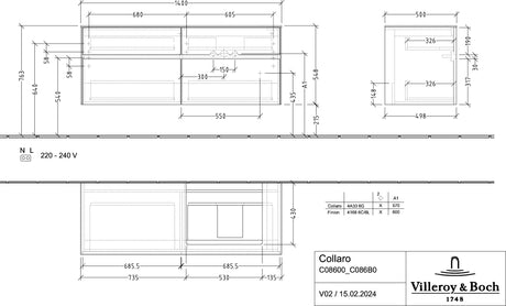 Villeroy & Boch Waschtischunterschrank Collaro C086 B0 1400 mm White Oak mit Beleuchtung und SoftClosing