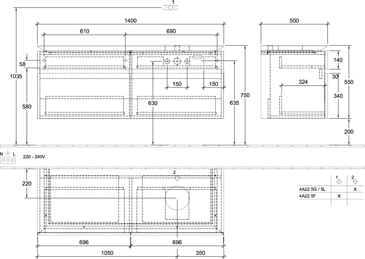 Villeroy & Boch Legato Waschtischunterschrank 1400 mm mit LED-Beleuchtung und 4 Auszügen – Glossy White