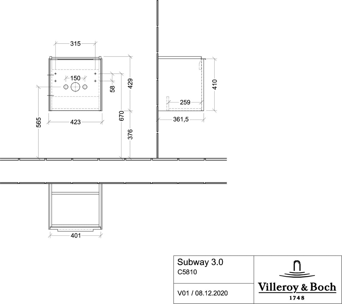 Villeroy & Boch Subway 3.0 Waschtischunterschrank C58100 Brilliant White mit SoftClosing