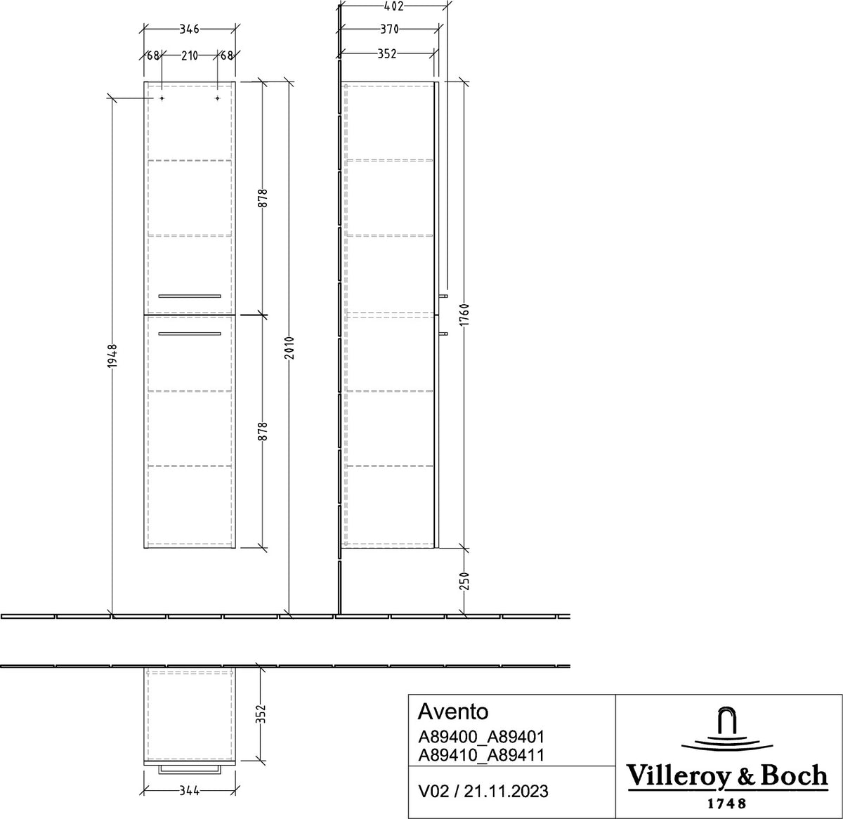 Villeroy & Boch Hochschrank Avento A89410 Kansas Oak 346 x 1760 x 370 mm