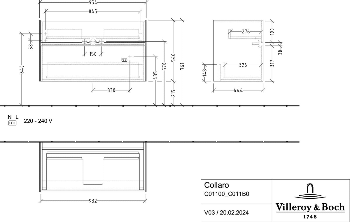 Villeroy & Boch Collaro Waschtischunterschrank 954 mm Weiß mit LED-Beleuchtung und 2 Auszügen