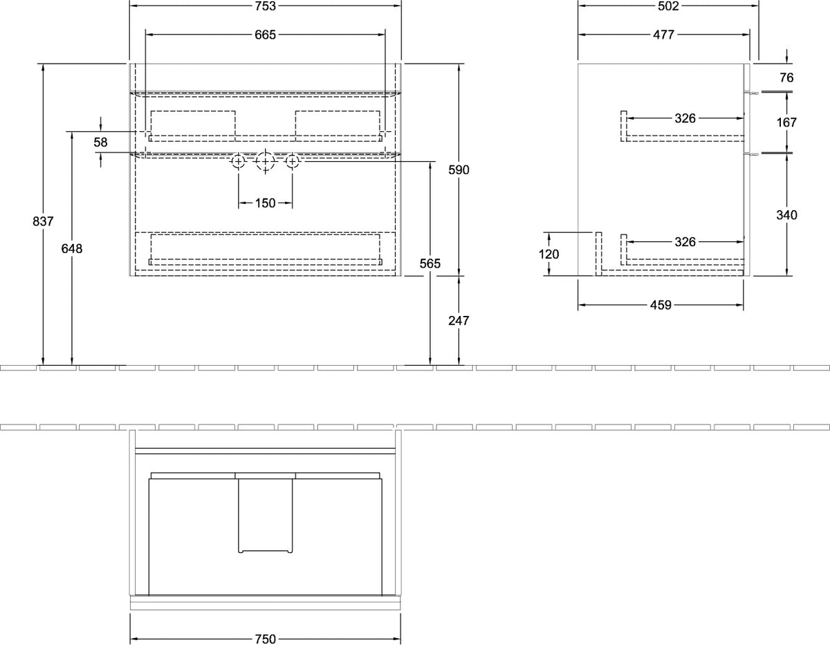 Villeroy & Boch VENTICELLO Waschtischunterschrank 753 mm Santana Oak mit 2 Auszügen und Glasabtrennungen