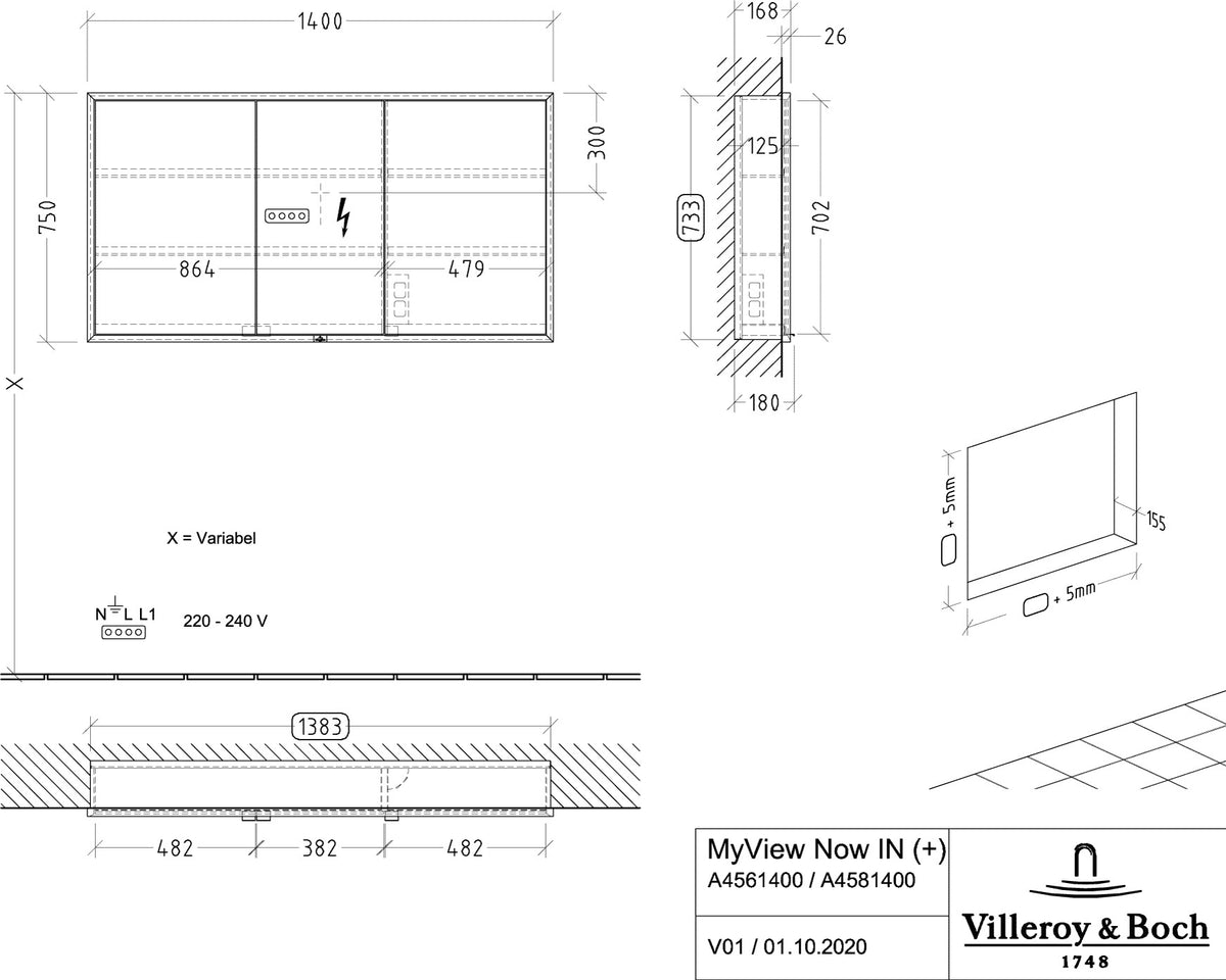 Villeroy & Boch Einbau-Spiegelschrank My View Now 1600 mm mit Sensorschalter und LED-Beleuchtung
