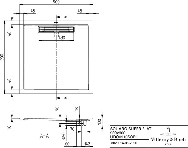 Villeroy & Boch Duschwanne SUPER FLAT SQUARO Quadrat 900x900x18mm stone white