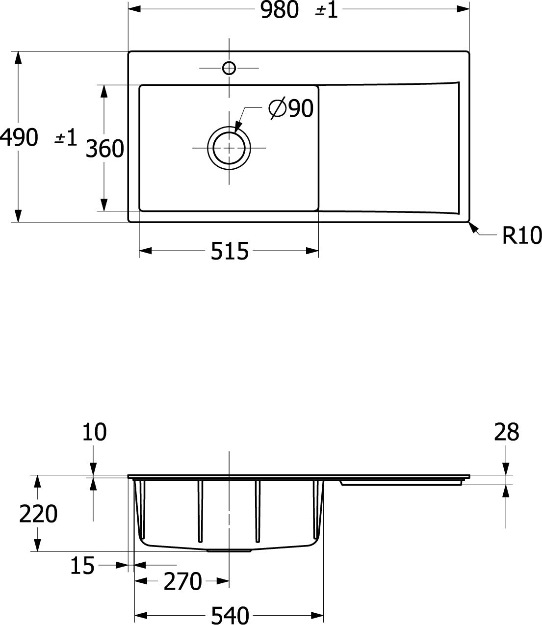 Villeroy & Boch Subway Style 60 Flat Flächenbündige Spüle 980x490mm Weiß Alpin CeramicPlus