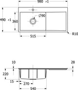 Villeroy & Boch Subway Style 60 Flat Flächenbündige Spüle 980x490mm Weiß Alpin CeramicPlus