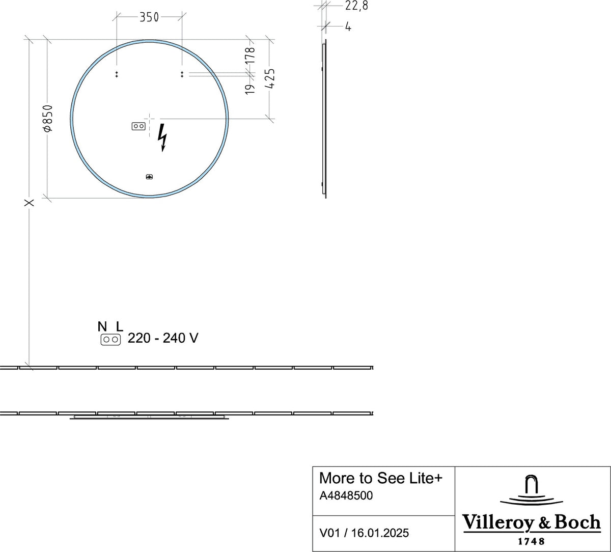 Villeroy & Boch More to See Lite+ Spiegel rund 650 mm mit Beleuchtung und Sensordimmer