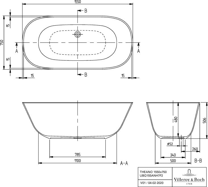 Villeroy & Boch Theano Freistehende Badewanne 1550x750mm Weiß Alpin Quaryl