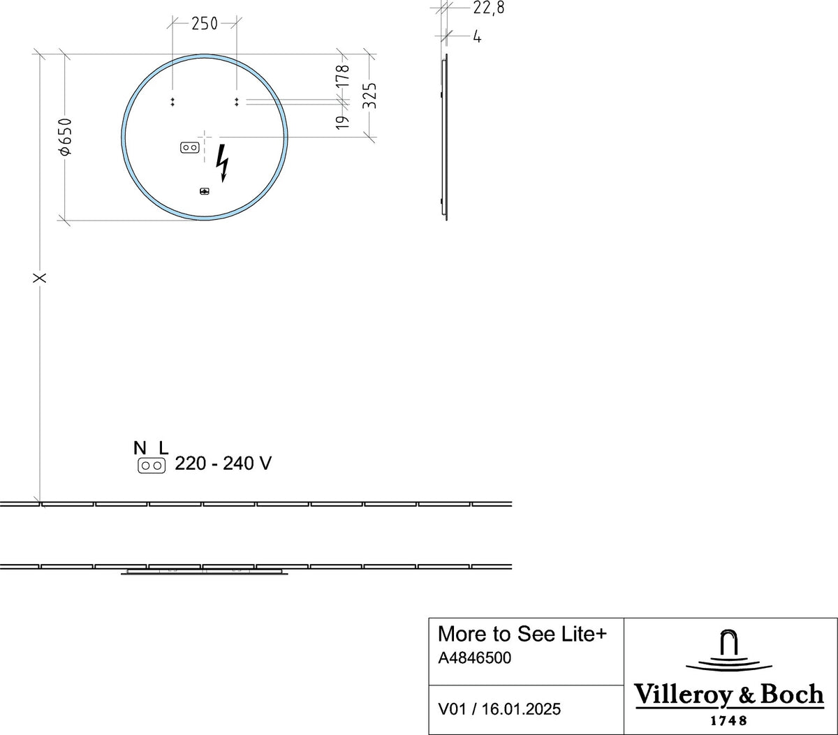 Villeroy & Boch More to See Lite+ Spiegel rund 650 mm mit Beleuchtung und Sensordimmer