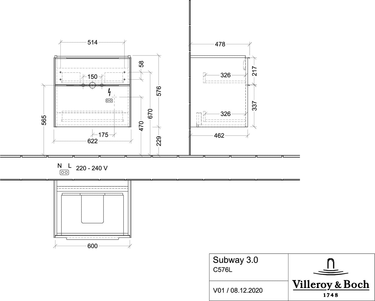 Villeroy & Boch Waschtischunterschrank Subway 3.0 C 576L0 Brilliant White mit LED-Beleuchtung