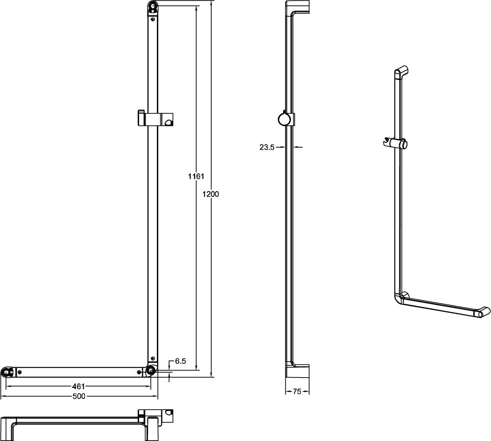Villeroy & Boch ViCare Haltegriff 1200x500 mm verchromt mit Brausehalter, 90° abgewinkelt