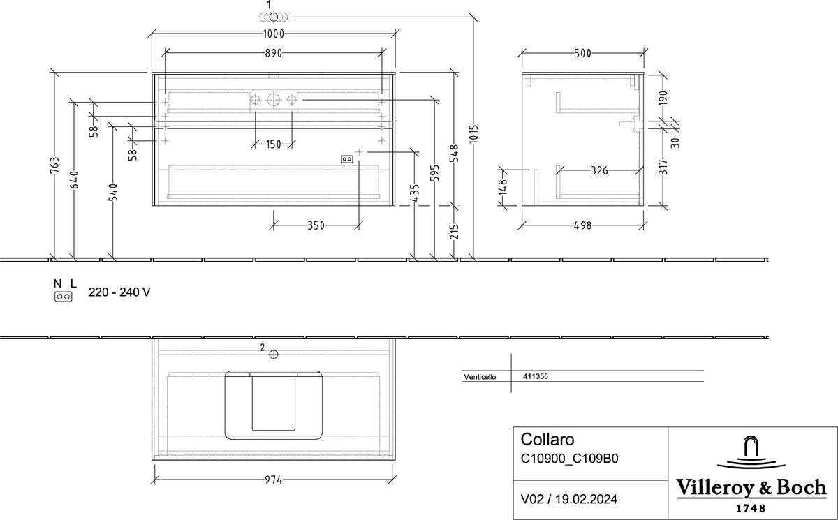 Villeroy & Boch Waschtischunterschrank Collaro C10900 Stone Oak 1000 mm mit 2 Auszügen und Push-Open