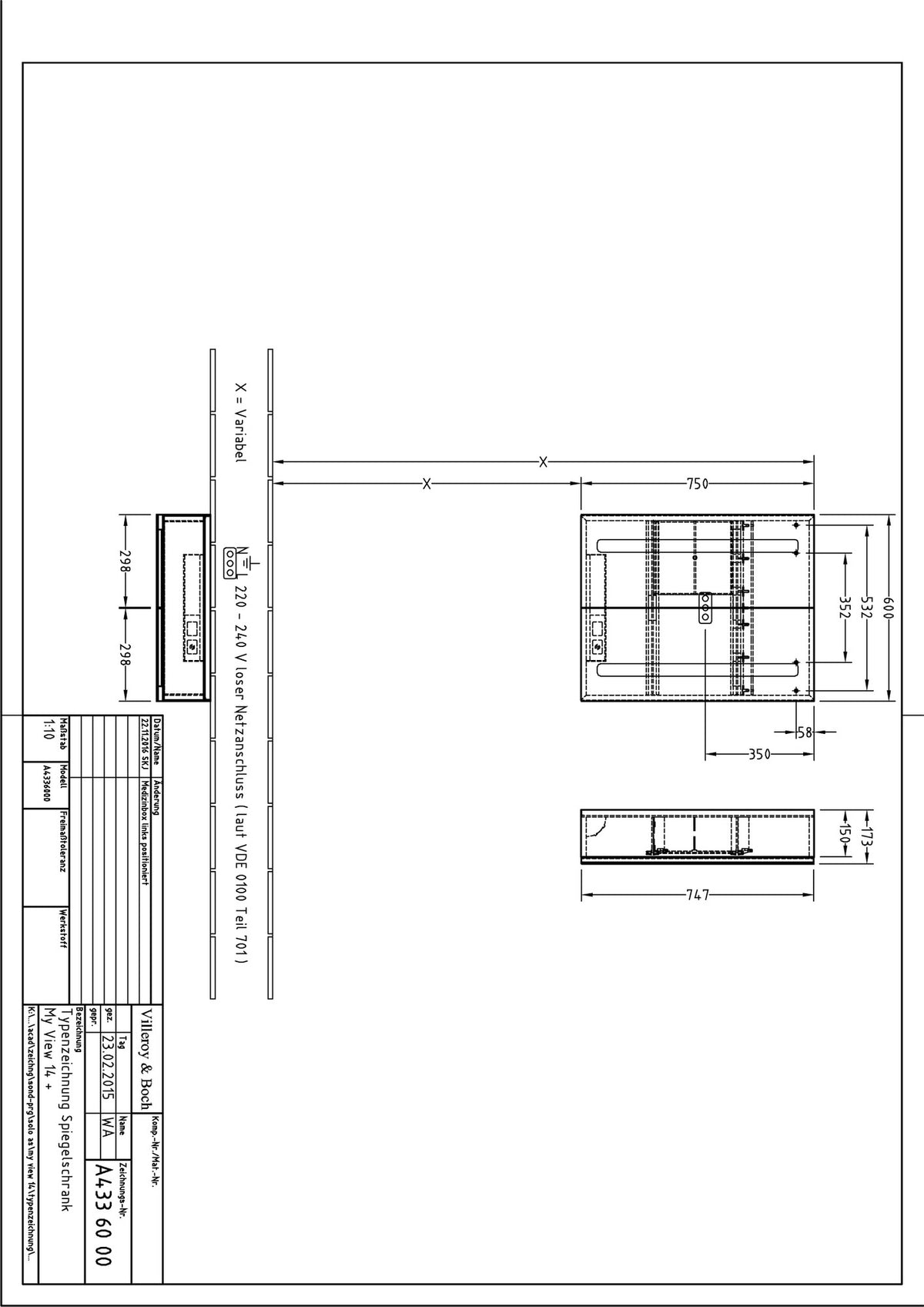 Villeroy & Boch My View 14+ Aufputz-Spiegelschrank 1000 mm mit LED-Beleuchtung und Front- sowie Innenspiegel