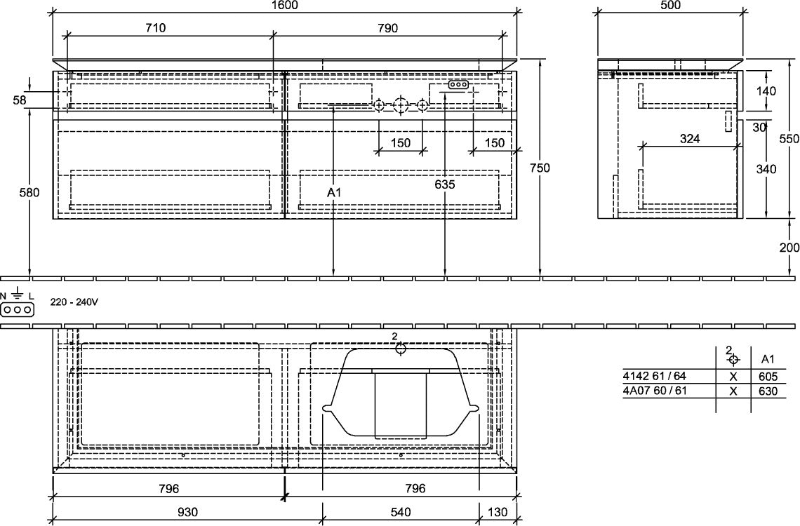 Villeroy & Boch Legato Waschtischunterschrank 1600 mm, 4 Auszüge, Glossy White, Becken rechts