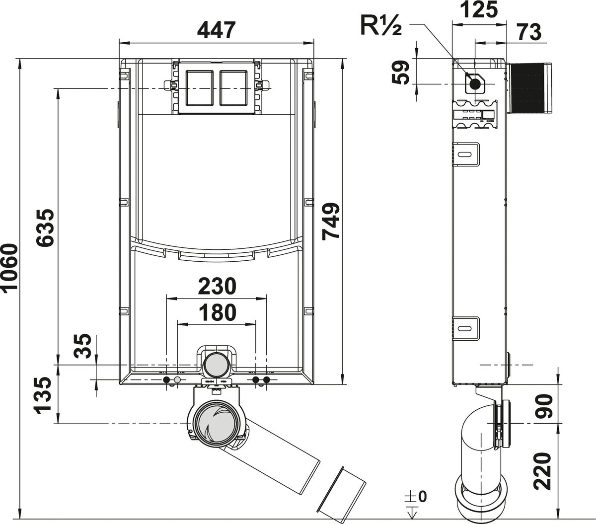 Villeroy & Boch ViConnect WC-Montageelement für Nassbau – 453 x 781 x 125 mm, Stahl, 3/6 l Spülung