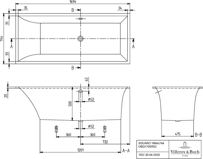 Villeroy & Boch Squaro Whirlpool AE 1694x744 mm Weiß Alpin – Airpool Entry Badewanne