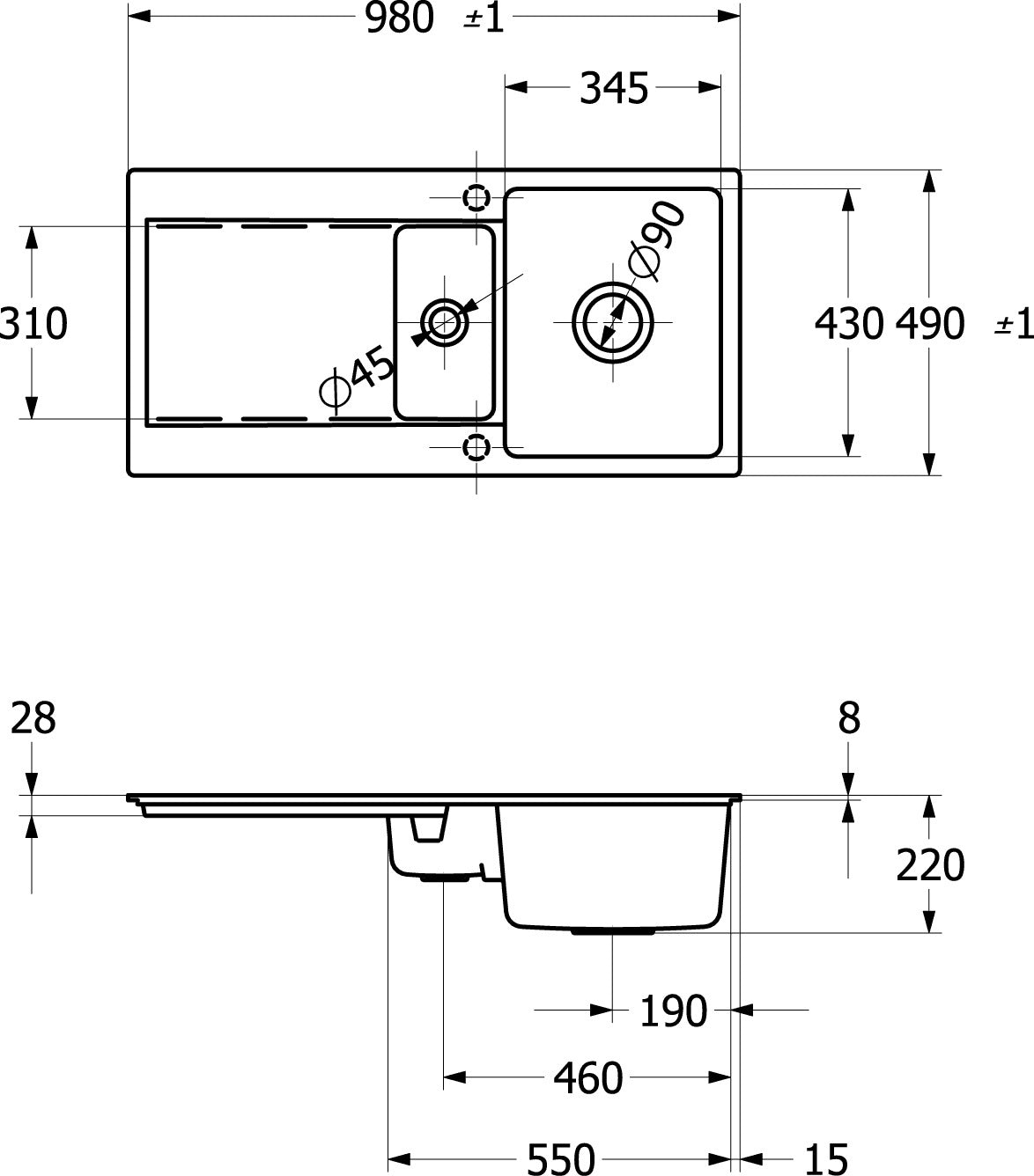 Villeroy & Boch Einbauspüle Siluet 60 R flat – flächenbündig, Ebony CeramicPlus, reversibel