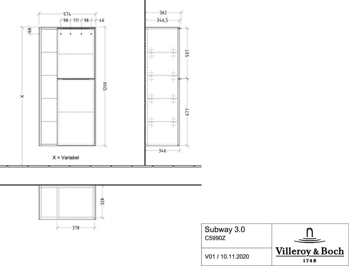 Villeroy & Boch Subway 3.0 Mittelschrank C59900 Kansas Oak 574 mm mit SoftClose