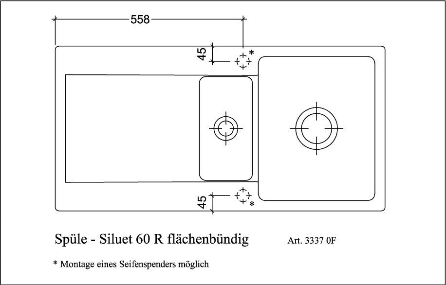 Villeroy & Boch Einbauspüle Siluet 60 R flat – flächenbündig, Ebony CeramicPlus, reversibel