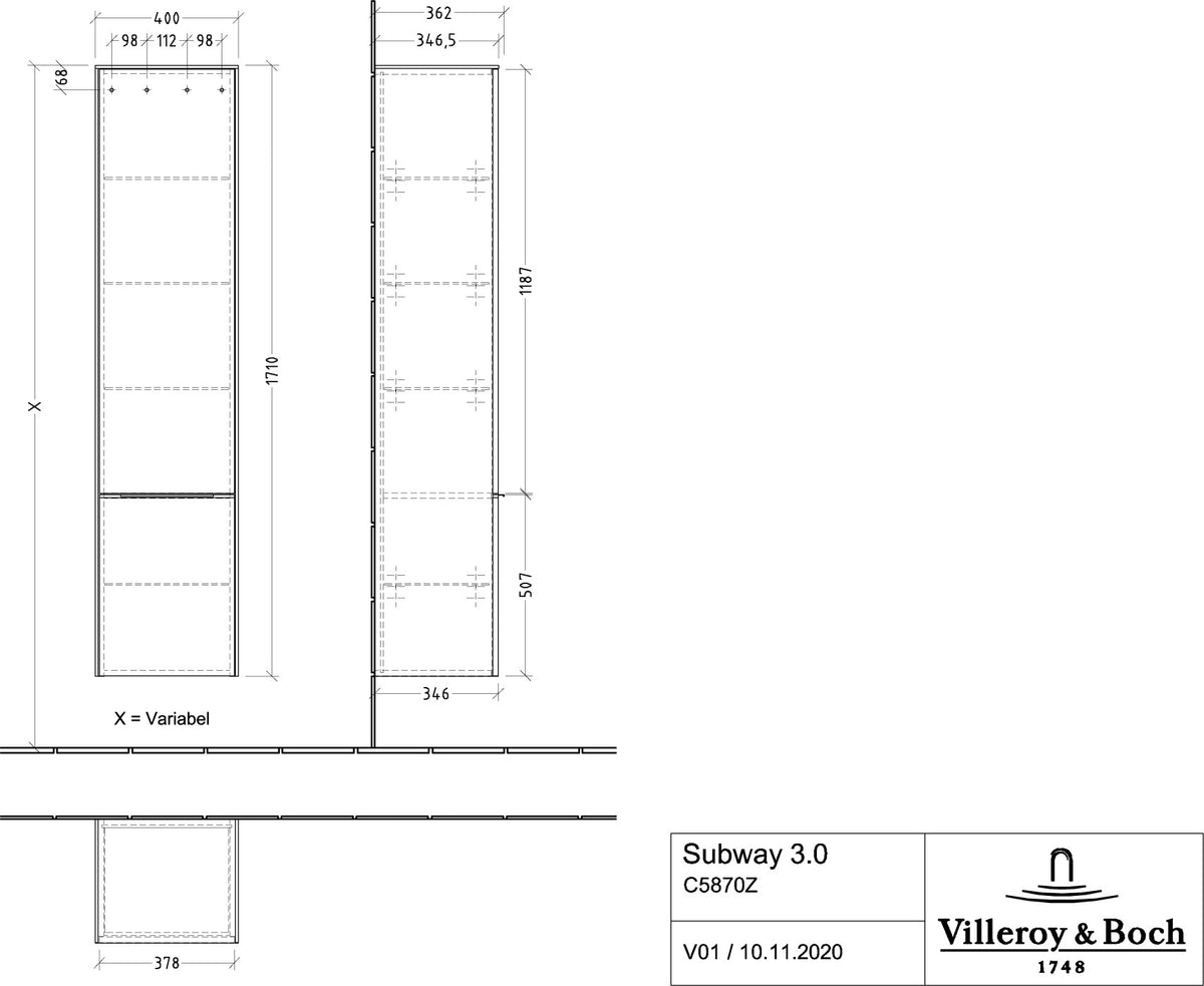 Villeroy & Boch Hochschrank Subway 3.0 C58700 – 400 mm, Brilliant White, SoftClosing