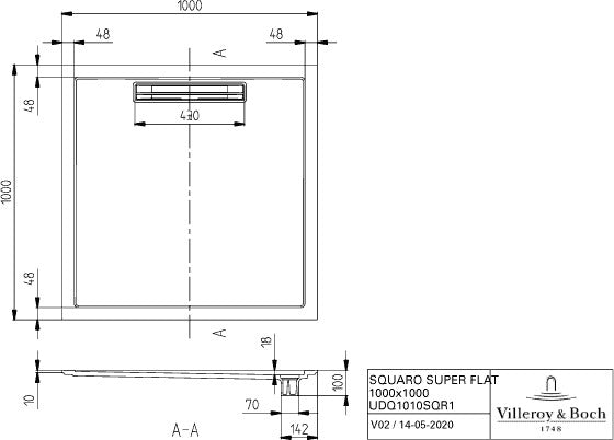 Villeroy & Boch Duschwanne SUPER FLAT SQUARO Quadrat 900x900x18mm stone white