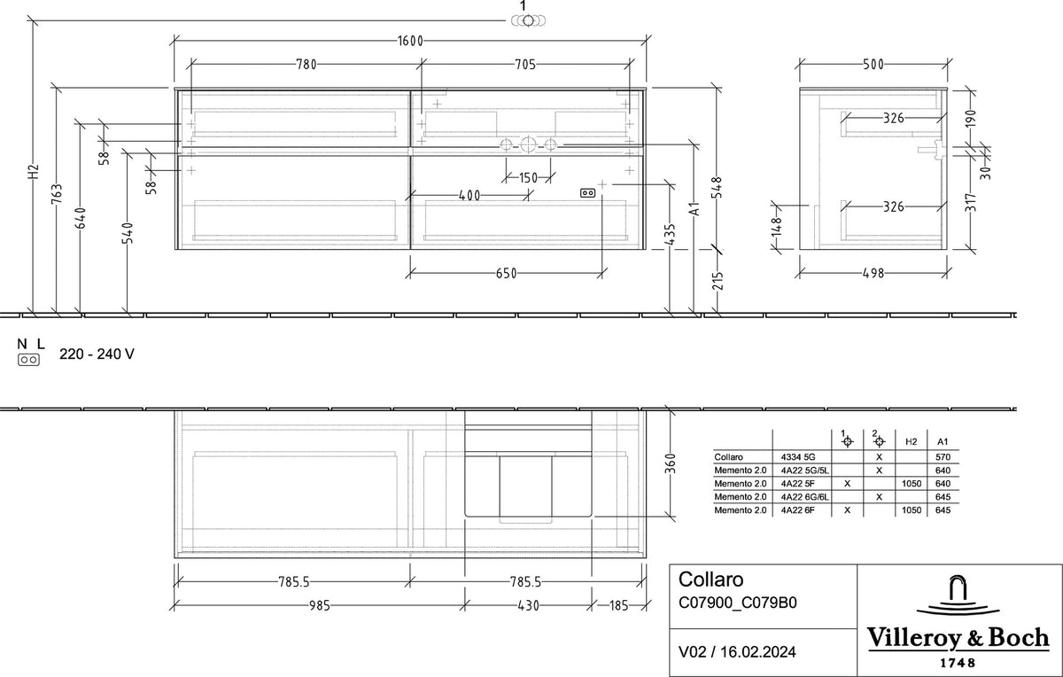 Villeroy & Boch Collaro Waschtischunterschrank 1600 mm Soft Grey, 4 Auszüge, Becken rechts