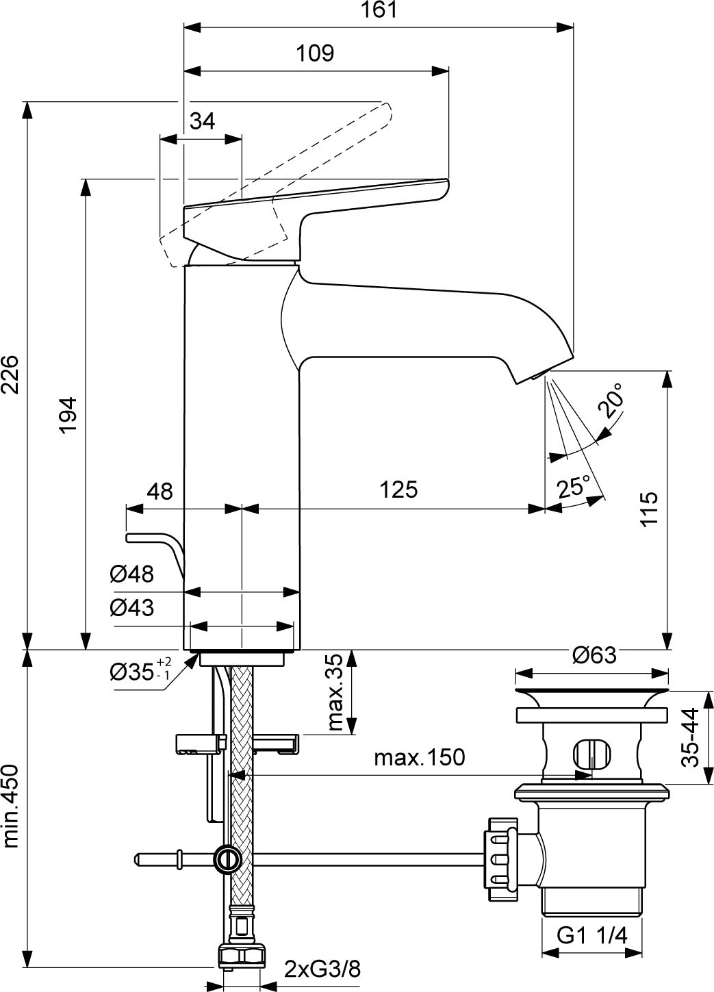 Villeroy & Boch Waschtischarmatur Skyla TVW116005000 – Einhebelmischer mit Zugstangen-Ablaufgarnitur, Chrom
