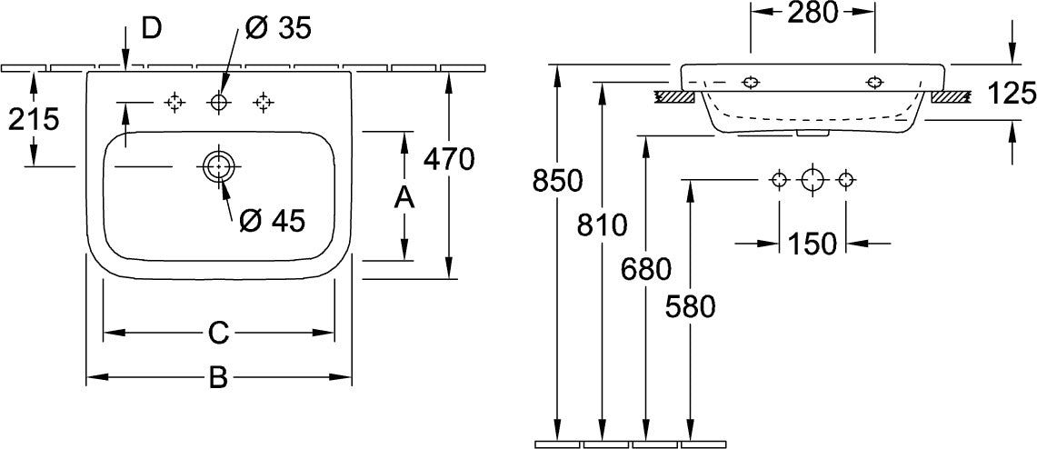 Villeroy & Boch Architectura Wandwaschbecken 600 mm Weiß Alpin Rechteck