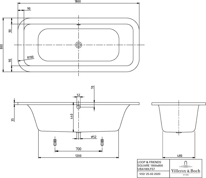 Villeroy & Boch LOOP & FRIENDS Whirlpoolsystem AirPool Entry mit Multiplex Trio, 1800 x 800 mm, weiß