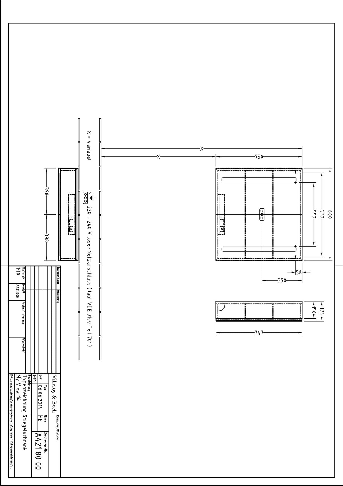 Villeroy & Boch Spiegelschrank My View 14 800 mm mit LED-Beleuchtung und Sensordimmer