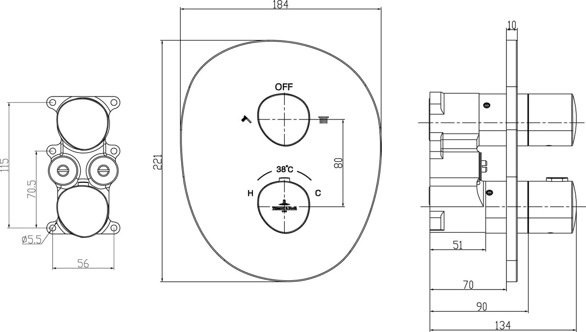 Villeroy & Boch Antao Unterputz-Thermostat TVS111002000 mit Zweiwege-Mengenregulierung, Chrom