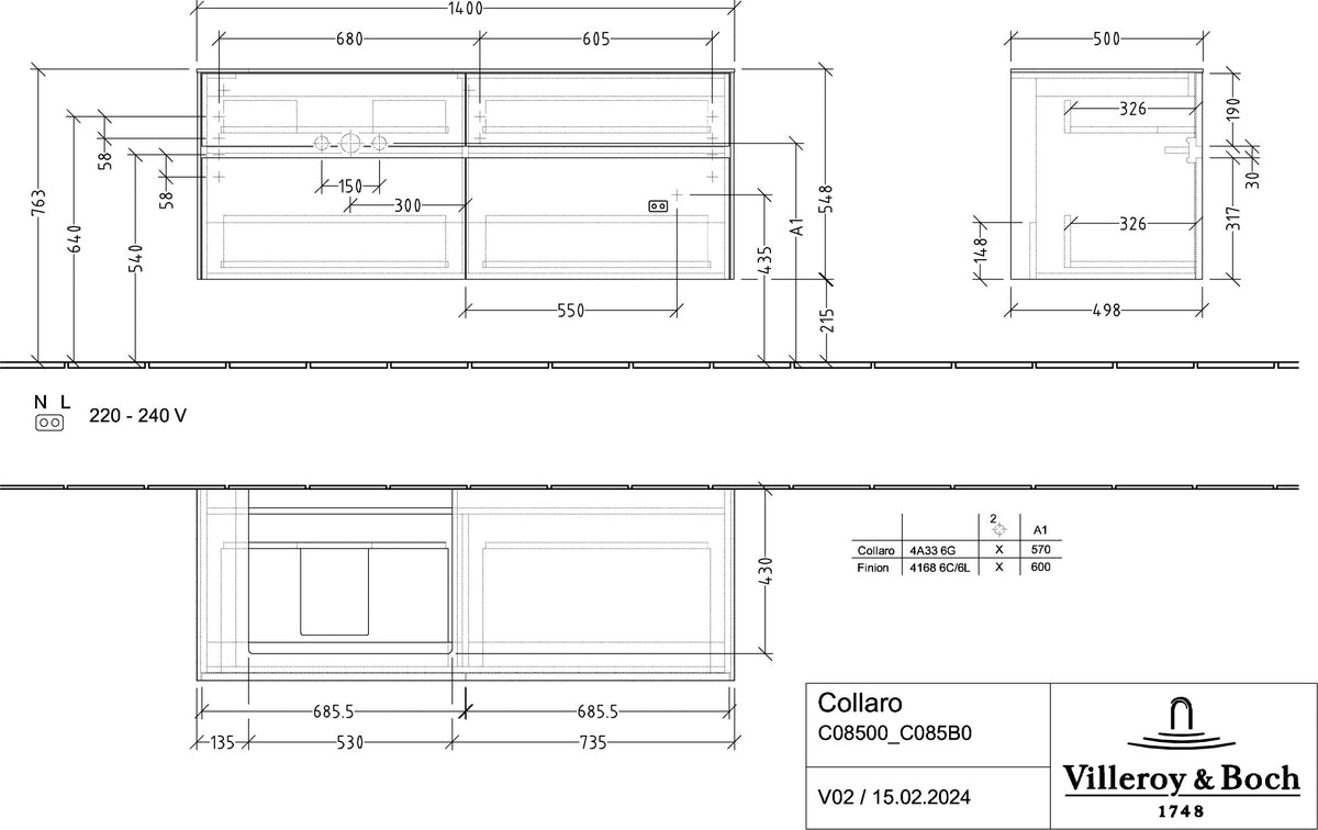 Villeroy & Boch Collaro Waschtischunterschrank 1400 mm Soft Grey mit 4 Auszügen und Becken links