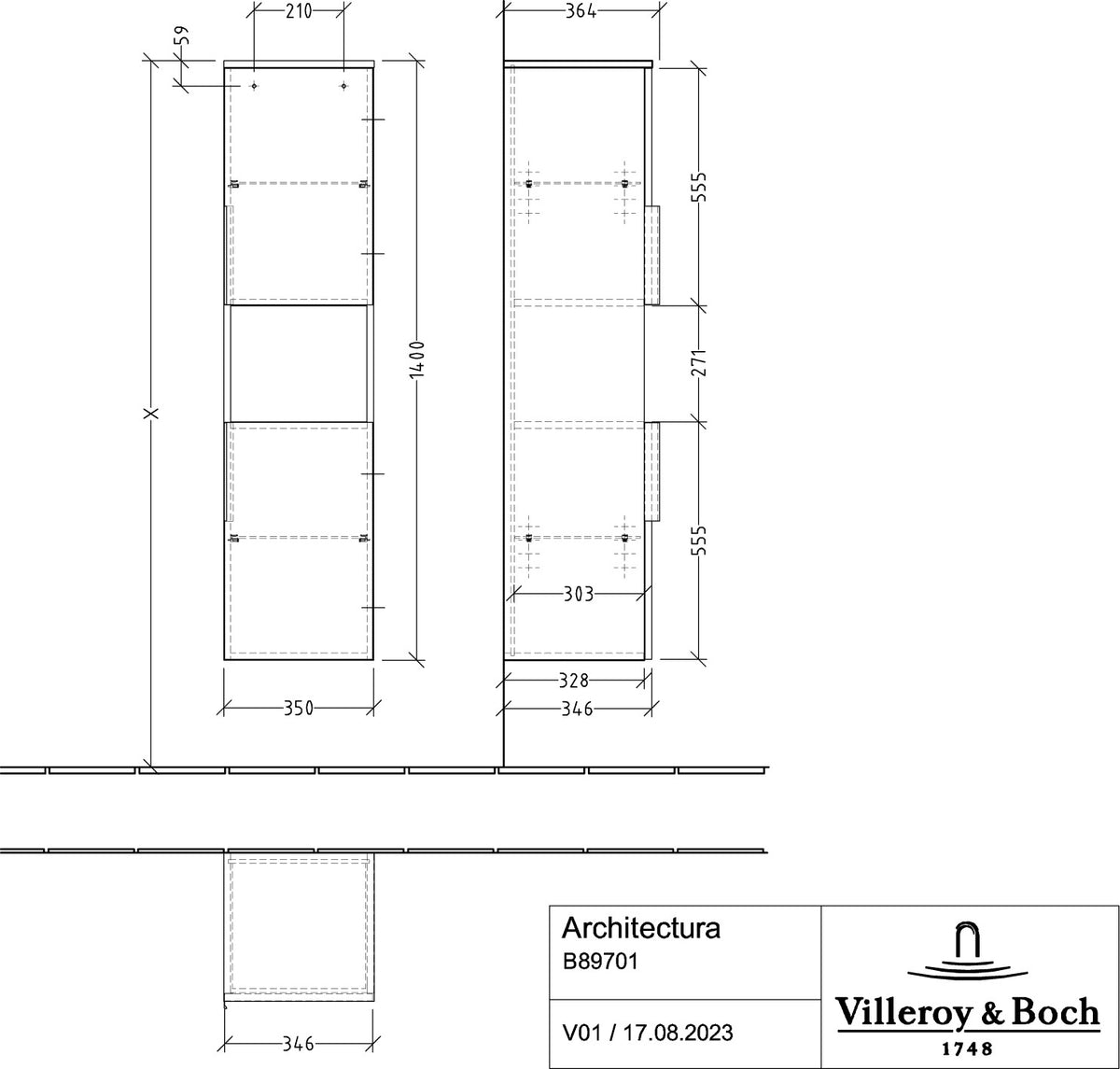 Villeroy & Boch Architectura Hochschrank B89700, 350 x 1400 x 346 mm, White Matt, 2 Türen, SoftClosing
