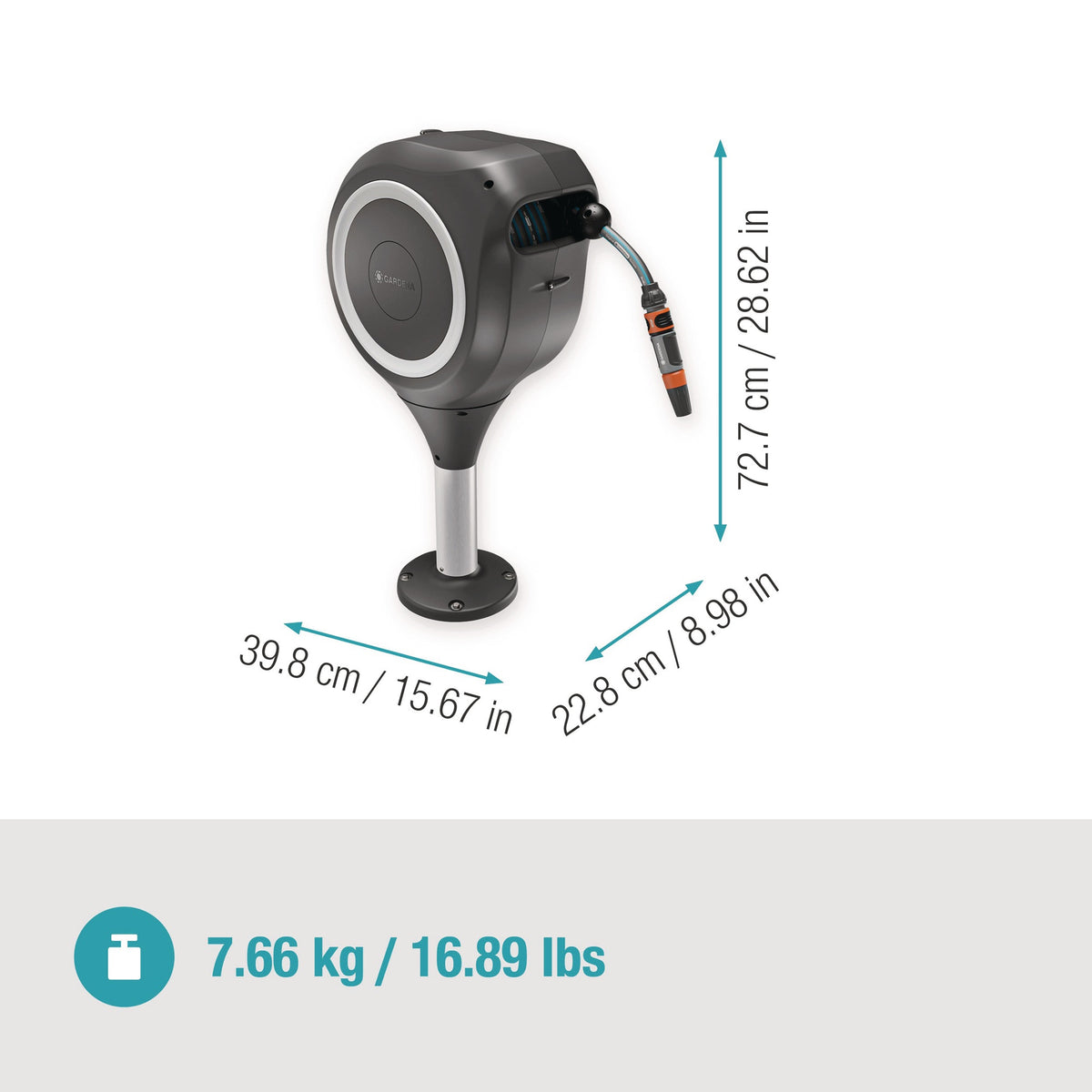 GARDENA Terrassen-Schlauchbox RollUp S 398 mm mit 15 m Schlauch und 360°-Drehung