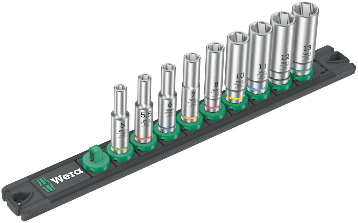 WERA Steckschlüsseleinsatz-Set Deep 1, 9-teilig, 1/4 Zoll Antrieb, lange Nüsse mit Magnetleiste